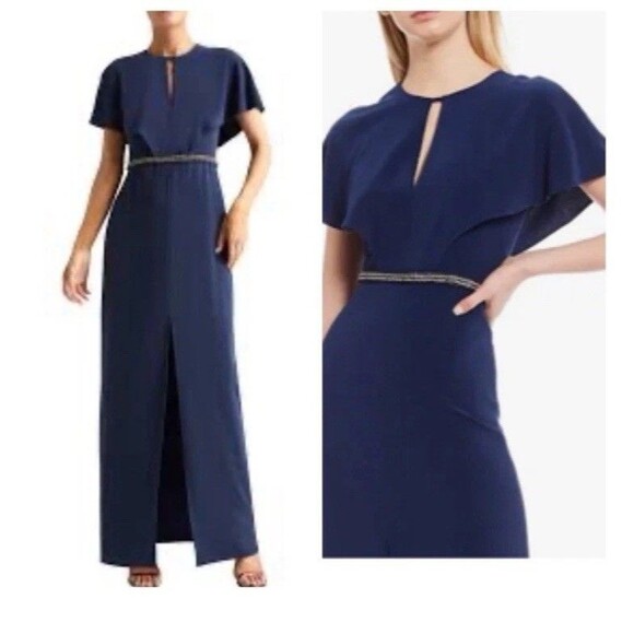 Halston Heritage Cape Sleeve Gown Dress Size 0 Blue Rhinestones *FLAWED - Picture 2 of 16